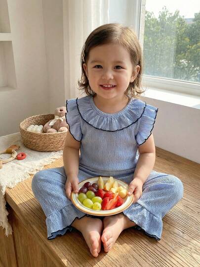 2pcs Baby Girls' Simple Elegant Solid Blue Short Sleeve Top And Pants Casual Comfortable Pajama Set Linen Sets For Toddler Girl Blue Two Piece Set Baby Light Blue Matching Set Toddler Girl Baby Girl Clothes Blue Blue Toddler Outfit