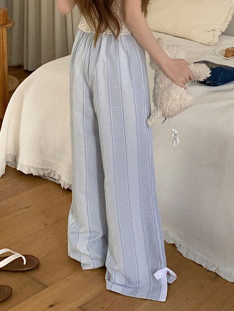 Women's Plaid Hem Slit Bow Decor Sleepwear Bottoms