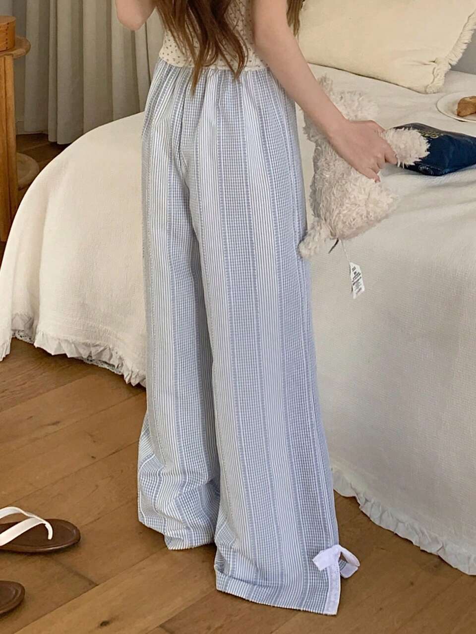 Women's Plaid Hem Slit Bow Decor Sleepwear Bottoms