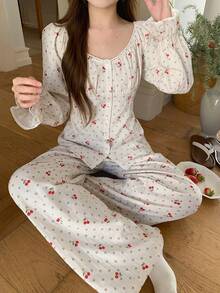 DAZY Women's Sweet Cherry Polka Dot Allover Print Ruffle Collar Pajama Set - White - View 12