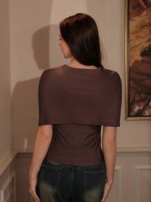 NOVVYNE Drawstring Ruched Sleeveless Cinched Waist V-Neck Women T-Shirt - Coffee Brown - View 2