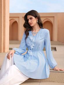 Graceveil Floral Drawstring V-Neck Ruched Waist Long Sleeve Elegant Blouse For Women - Blue - View 4