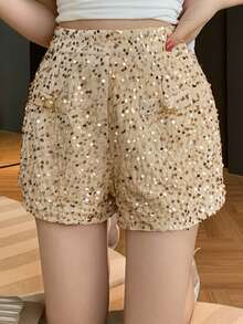 DAZY Quần short nữ thanh lịch đính sequin có túi, thích hợp mặc mùa hè, dự tiệc cưới. - Màu be - Xem 2