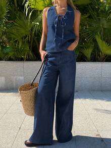 DAZY Women's Halter Tie Striped Denim Top And Loose Straight Leg Pants, Vacation Style Denim Set - Dark Wash - View 4