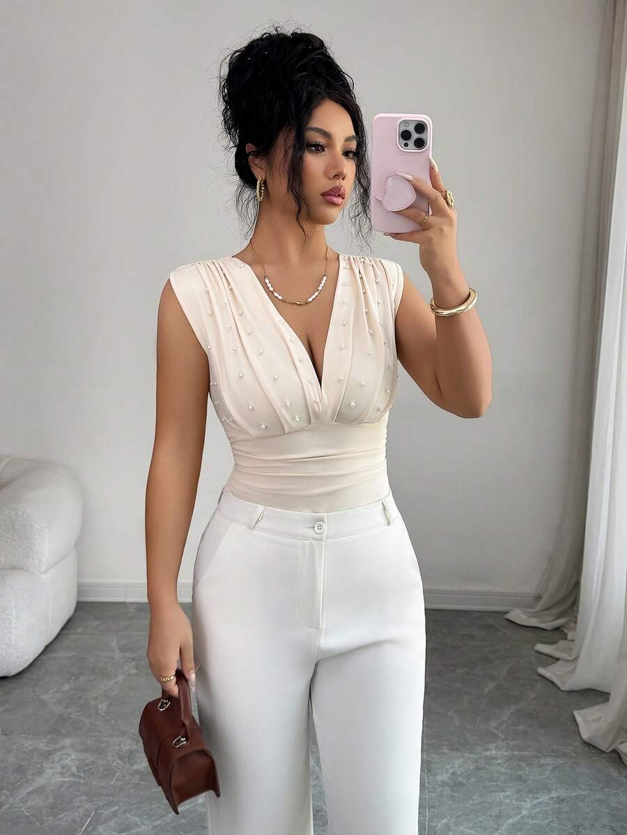 Selianne Apricot Faux Pearl Elegant Romantic Women Bodysuit - Apricot - View 1