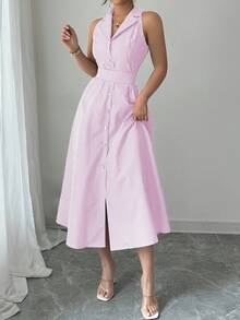 Elenzga Women's Elegant Casual Commuter Striped Dress - Pink - View 4