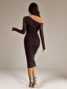 SHEIN Tall 女士秋季褶皱网纱优雅约会晚宴派对连衣裙，修身长袖 - 咖啡棕 - 查看 2