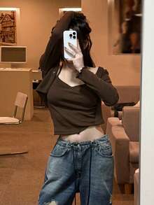 DAZY 2件套 女士开衫+吊带背心，长袖纽扣开衫薄款衬衫 - 棕色 - 查看 4