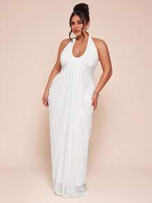 SHEIN BAE 加大码白色U领褶皱裹身系带连衣裙 - 白色 - 查看 3
