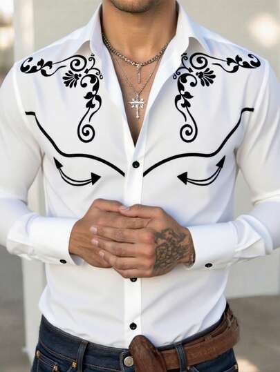 Manfinity Nomadique Camisa casual de manga larga de solapa única con estampado floral de estilo occidental para hombres, camisas occidentales, camisas de vaquero, camisas occidentales para hombres, camisas de rodeo para hombres, camisas de vaquero, camisas de vaquero para hombres, camisas blancas para hombres con gráficos, otoño