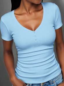 Slaydiva Plus Size V-Neck Button Pleated Slim Casual Short Sleeve T-Shirt, Going Out Tops - Baby Blue - View 6