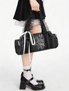 ROMWE Kawaii Tas Tangan Bulat Putih Bermotif Pita Lucu Bergaya Vintage, Tas Bahu Boston untuk Wanita, Gaya Feminin - Catatan musik bintang - View 8