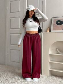 SHEIN EZwear 秋冬大码酒红色V腰阔腿休闲裤 - 酒紅色 - 查看 4