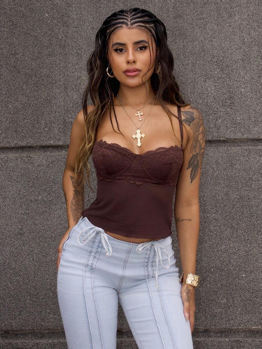 Rayane Ketlyn Women's Lace Patchwork Tight Fit Sexy Camisole,Sexy Tops - Coffee Brown - View 1