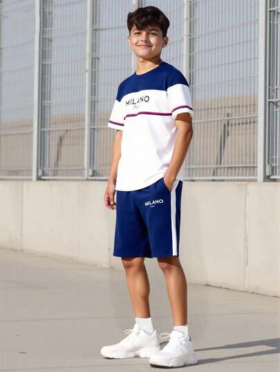 Vacaura 2pcs/Set Teenager Boys' Letter Print Short Sleeve T-Shirt And Shorts Set, Sports, Outdoor, Commuting, Summer