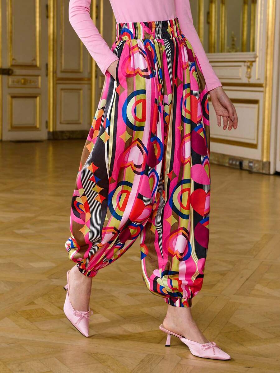 LOTSLUV Women's Valentine's Day, Heart Abstract Placement Print, Elastic Waist Ruched Balloon Leg Print Pants - Multicolor - View 1