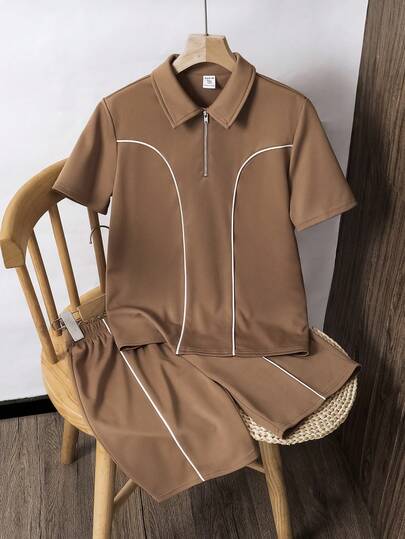 SHEIN Tween Boy Loose Casual Turn Down Collar Knitted Solid Short Sleeve Polo Shirt And Shorts Two Pieces Set Suitable For Commuting, School, Daily Casual Outings, Sports, Spring/Summer