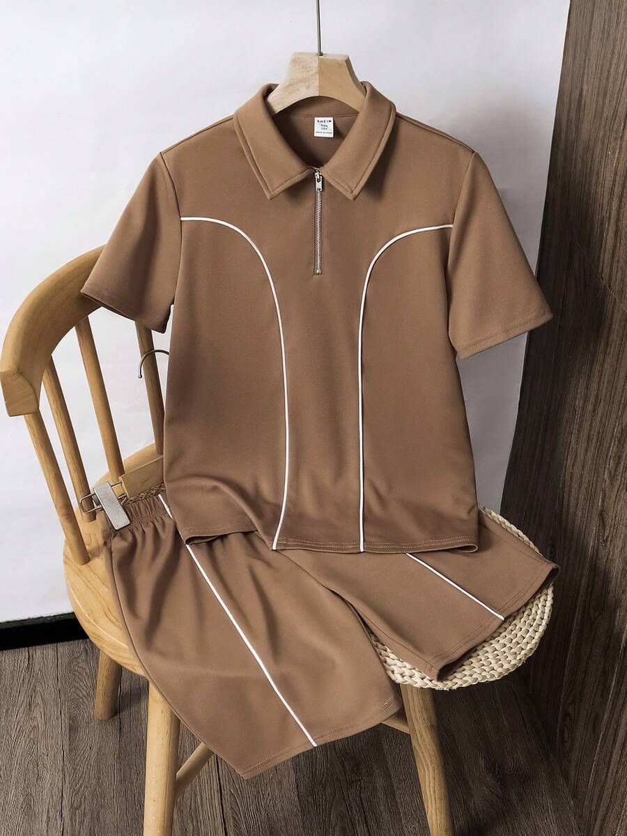 SHEIN Tween Boy Loose Coffee Brown Knitted Polo Shirt And Shorts 2 Pieces Set,Summer Casual Vacation Turn Down Collar Short Sleeve Solid Outfit For Kids - Brown - View 1