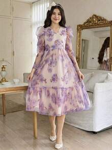 少女优雅V领羊腿袖印花收腰中长连衣裙 - 粉色 - 查看 1