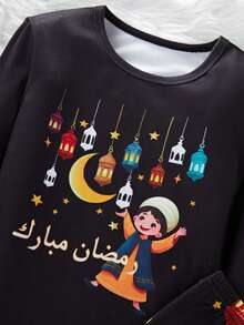 SHEIN Tween Boy Casual Cartoon Star & Moon Print Snug Fit Long Sleeve Crew Neck Pajama Set, Suitable For Autumn/Winter - Black - View 8