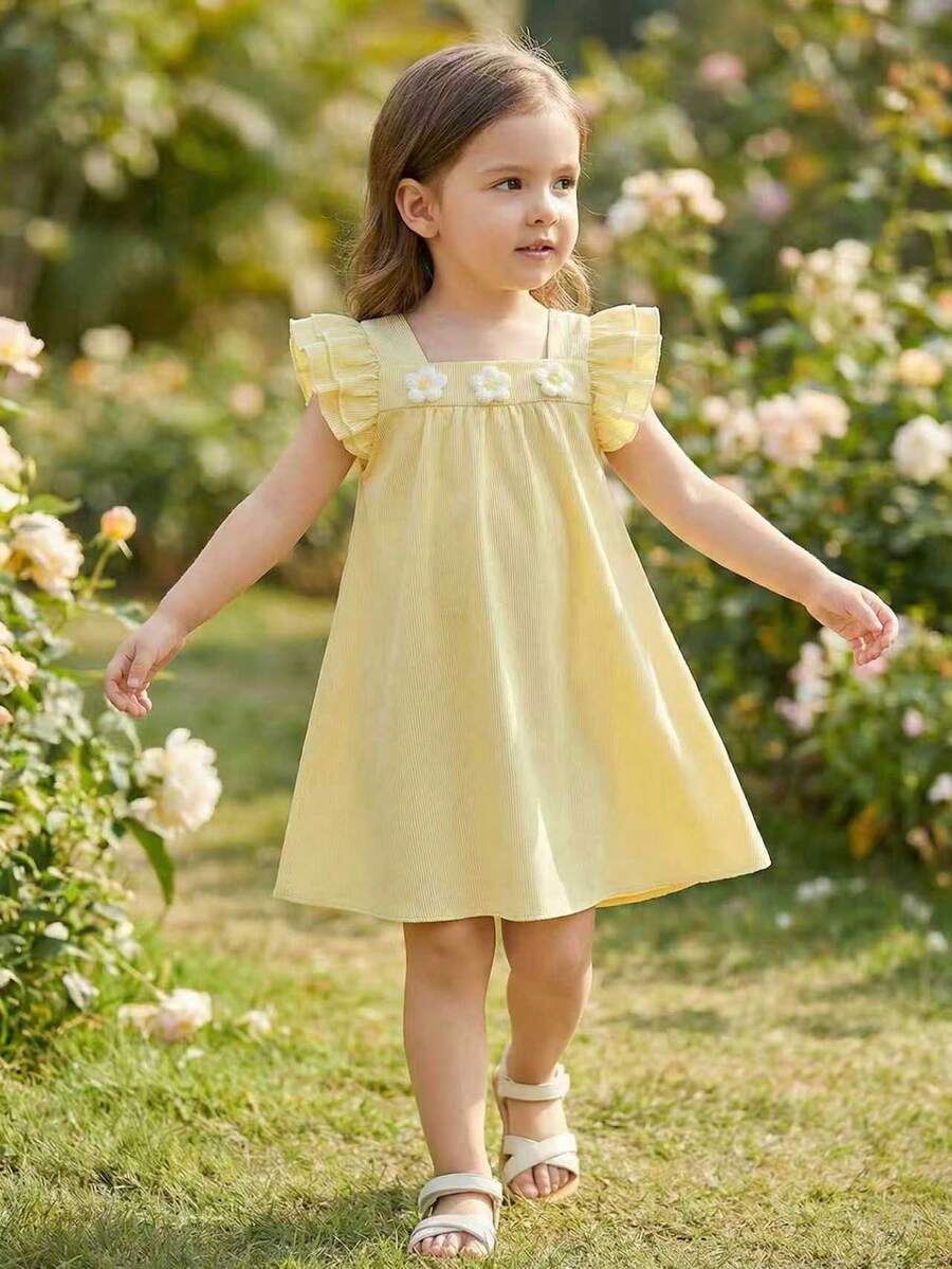 Elladie kids 女童蓝白条纹方领荷叶袖碎花宽松A字连衣裙，适合休闲、海滩、度假等场合，夏季穿着。 - 黃色 - 查看 1