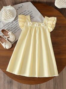 Elladie kids 女童蓝白条纹方领荷叶袖碎花宽松A字连衣裙，适合休闲、海滩、度假等场合，夏季穿着。 - 黃色 - 查看 7