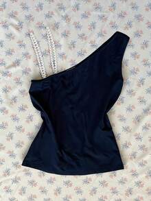 Rina Fox Casual Fashion Woven Strap Asymmetric Sleeveless Women Top - Navy Blue - View 2