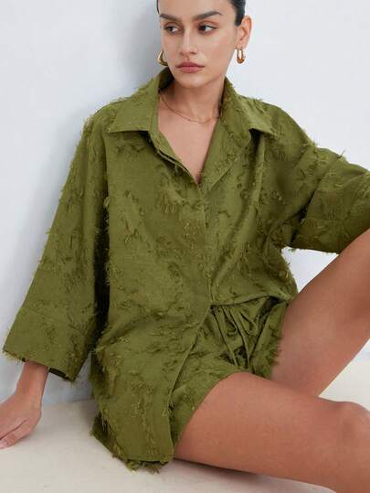 Aveloria Modichic Casual Vacation Versatile Jacquard Tassel Fabric Design Lapel Button Loose Shirt & Elastic Waist Drawstring Shorts Set, Green, Suitable For Vacation, Picnic, Commute