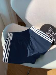 Comfortcana 大码女式夏季条纹撞色休闲宽松短裤 - 藏蓝色 - 查看 9