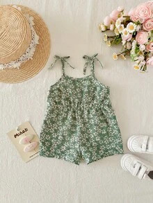 SHEIN Bộ áo liền quần họa tiết hoa nhí dễ thương, thoải mái cho bé gái sơ sinh mùa hè - Nhiều màu - Xem 3