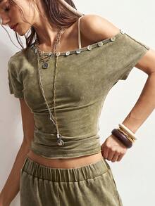 Bohemela 2pcs Women Summer Casual Asymmetrical Shoulder Top And Side Button Wide Leg Pants Set - Green - View 5