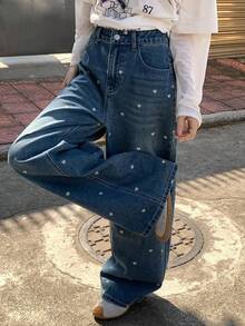 FRIFUL Women's Casual Heart Print Washed Denim Jeans, Suitable For Autumn - Blue - View 5