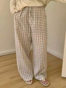 Dazy Plus Pantalones de pijama de talla grande con estampado de cuadros y bolsillo con nudo - Albaricoque - Ver 5