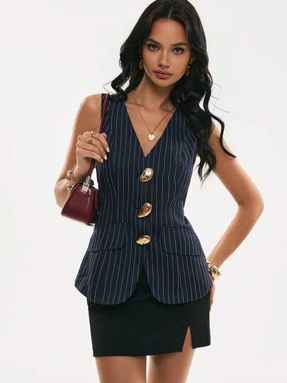 Poéselle Fashionable Commuter Striped Vest With Button,Cute Summer Top,Elegant Women's Blouses,Casual Blouses For Women,Suitable For Daily, Office Wear,Spring/Summer