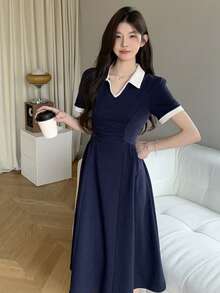 DAZY Robe mi-longue plissée à col polo blocs de couleurs pour femmes, robe chemise de plage, robes décontractées pour femmes - Bleu marine - Voir 3
