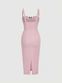SHEIN MOD Vestido midi ajustado sin mangas con bloques de color y parches de encaje para mujer - Rosa - Ver 3