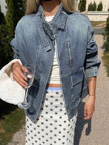DAZY 女士翻领长袖宽松休闲牛仔外套 - 中等水洗藍 - 查看 5