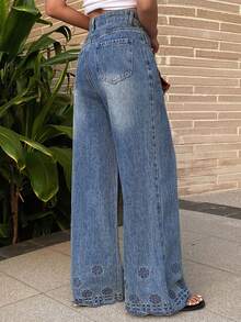 DAZY 女士常规腰围喇叭裤脚优雅牛仔裤 - 深色水洗藍 - 查看 6