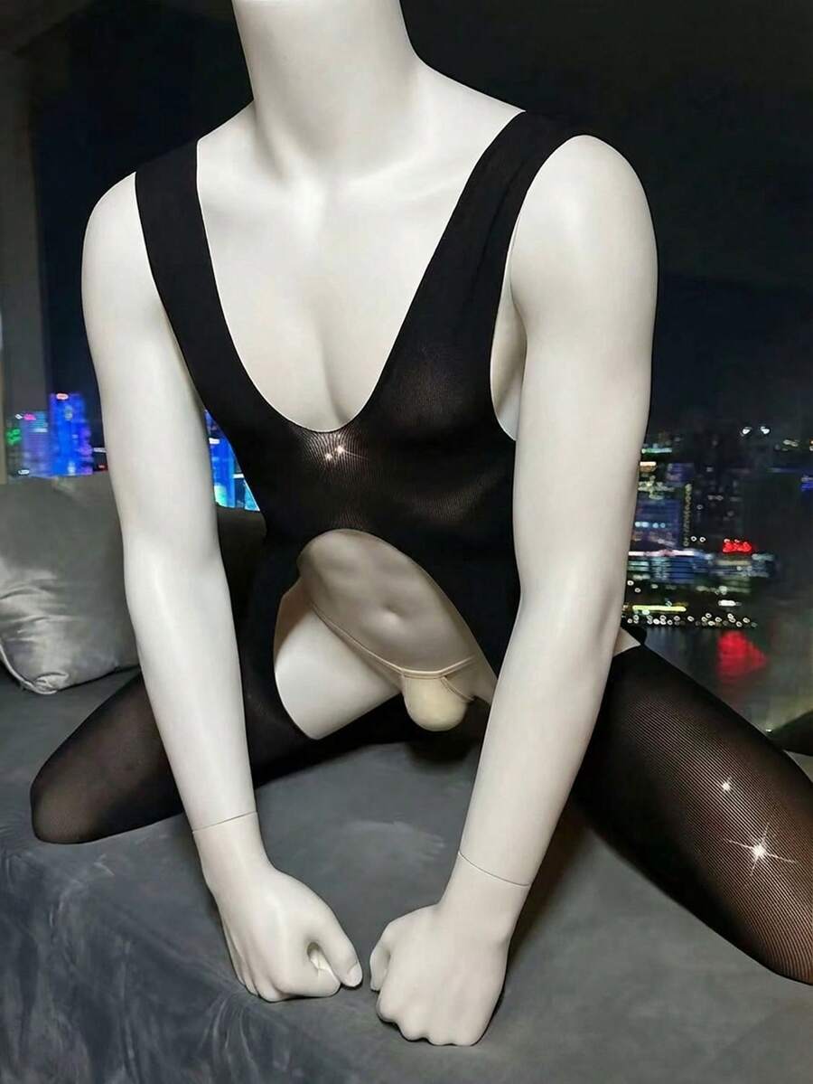 WENEZON 男士性感黑色镂空修身连体裤 - 黑色 - 查看 1