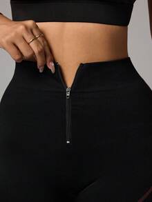 Slayform Leggings de sport sans couture, pantalon long style fermeture éclair, levage et mise en forme, collants de base de sport - Noir - Voir 2