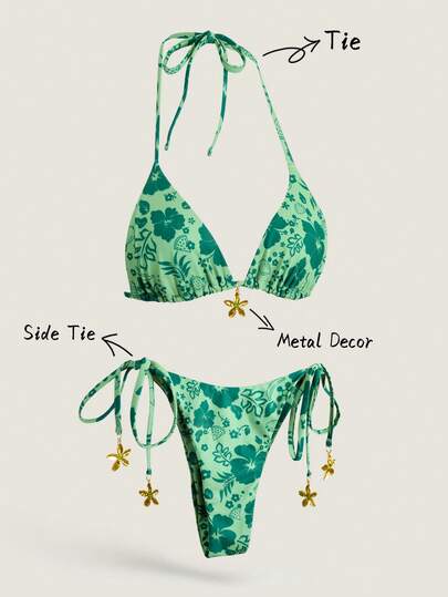 Elavelle Set de 2 piezas de bikini de verano para mujer con estampado aleatorio, decoración de metal tipo halter para vacaciones en la playa