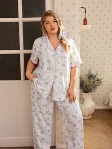 CottageSlumber Romantic Floral & Bow Print Lapel Button Front Comfortable Woven Plus Size Pajama Set - Multicolor - View 3