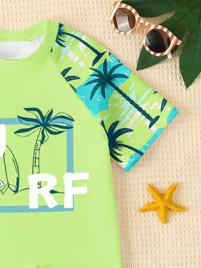 SHEIN Young Boy Casual Loose Fit Round Neck Short Sleeve T-Shirt And Shorts Swimwear Set, Suitable For Summer