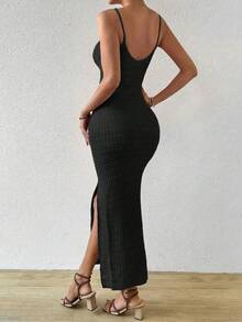 Breezaya Đầm dệt kim hai dây màu trơn xẻ tà bên hông gợi cảm dành cho nữ, thích hợp cho kỳ nghỉ. - màu đen - Xem 2