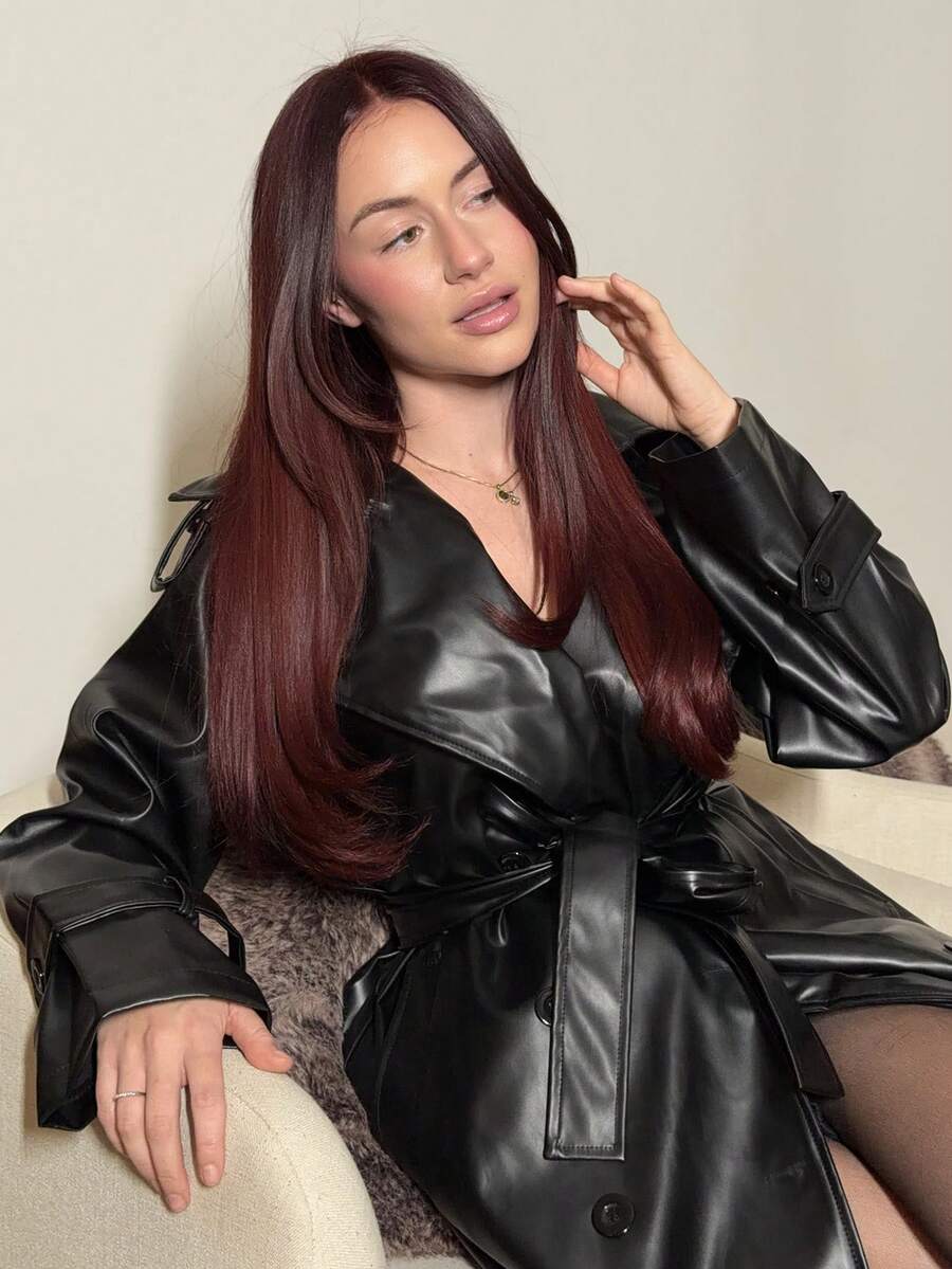 Abrilcols Women's Fashionable Double-Breasted PU Trench Coat, Autumn - Black - View 1