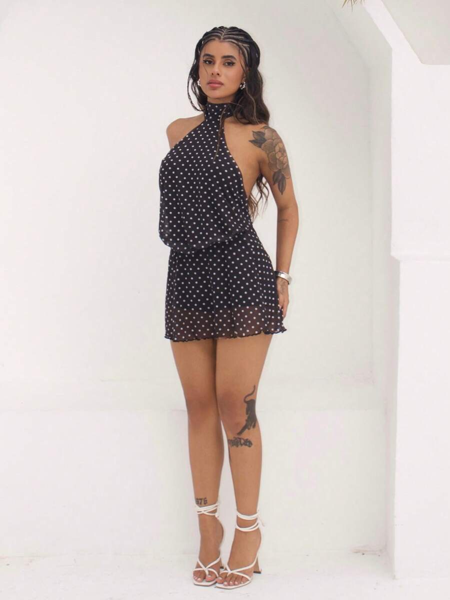 Rayane Ketlyn Women's Elegant Polka Dot Print Backless Mini Cami Dress - Black - View 1