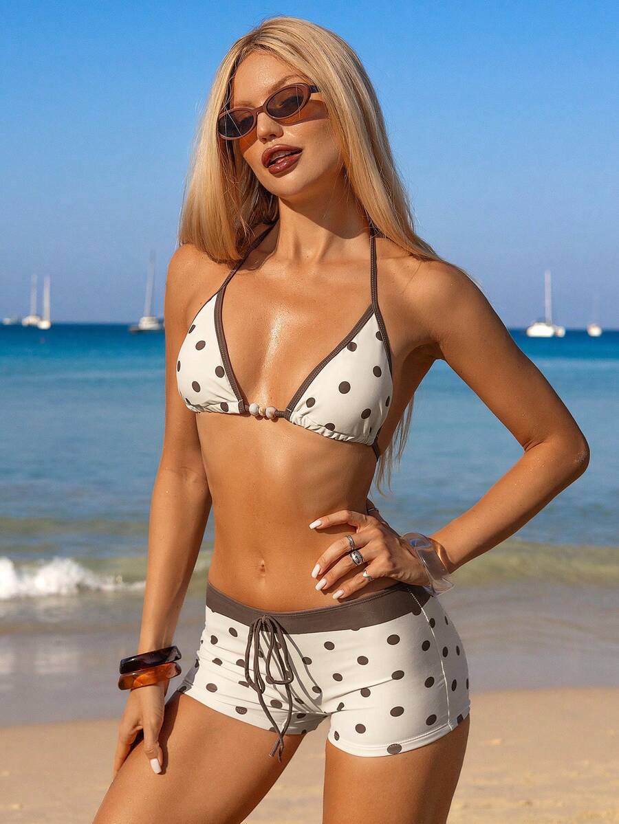 Swim Mod Women's Beige Printed 2 Pieces Swimsuit Set, Vacation Style Beach Party Bestselling Sexy Bikini With Briefs - Multicolor - View 1