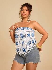 Travachic Áo croptop cỡ lớn dành cho nữ, màu xanh dương và trắng, họa tiết vỏ sò biển, kiểu áo quây phối tua rua, phong cách nhiệt đới, thích hợp cho kỳ nghỉ biển, đi chơi hoặc dạo phố. - Xanh và trắng - Xem 3