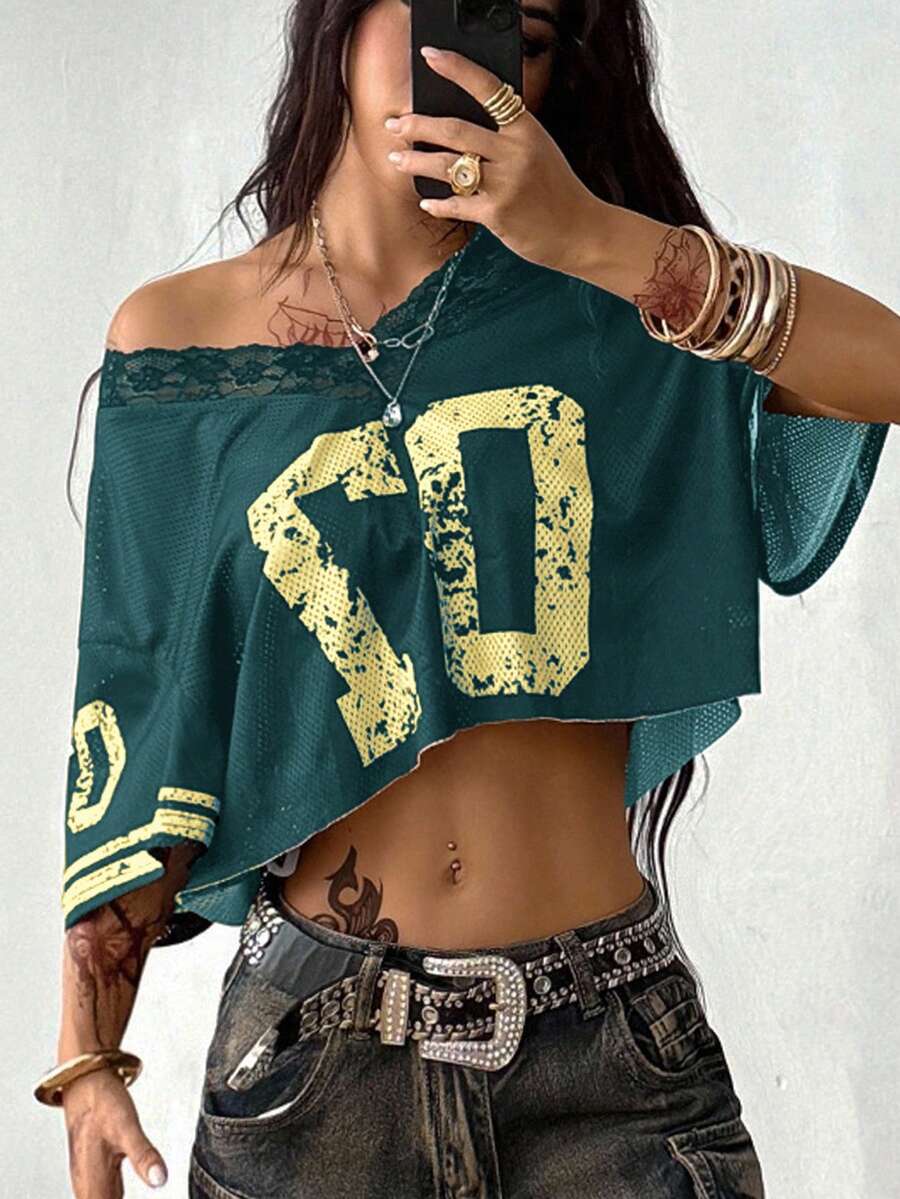 Coolane Women's Summer Sportswear Basic Y2K Number Pattern Contrast Lace V-Neck Jersey Over Size T-Shirt Y2k Clothes Women Tops T Shirt Crop Top Baggy Crop Top Y2k Graphic Crop Top Crop Tops Women Graphic - Green - View 1