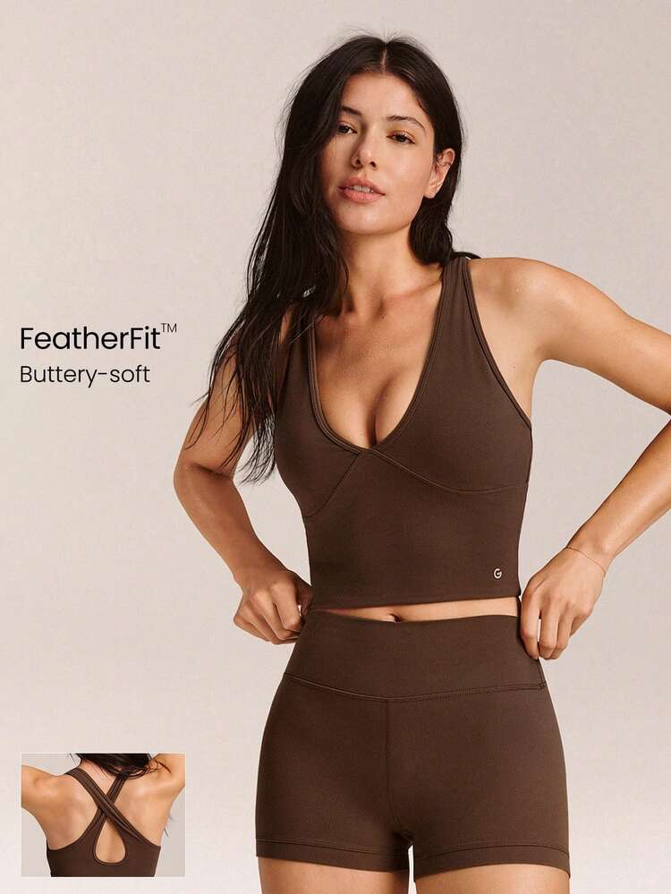 FeatherFit™ Crossover Straps Cutout Back Deep V Neck Tank Top Low Impact Yoga Pilates Daily Fall Winter